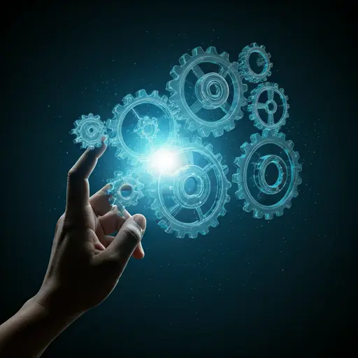 A conceptual, futuristic depiction of a human hand reaching out to touch glowing digital gears.