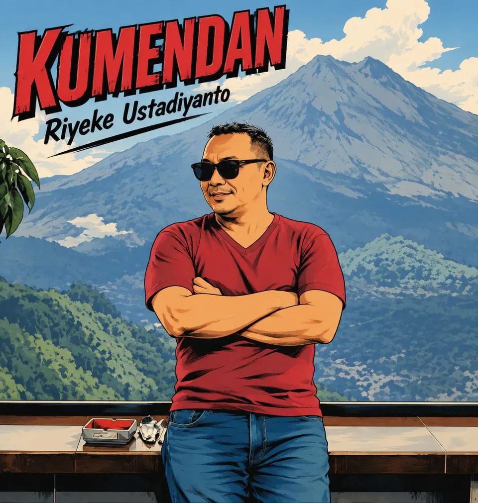 Riyeke Ustadiyanto — Kumendan, berdiri santai dengan latar gunung
